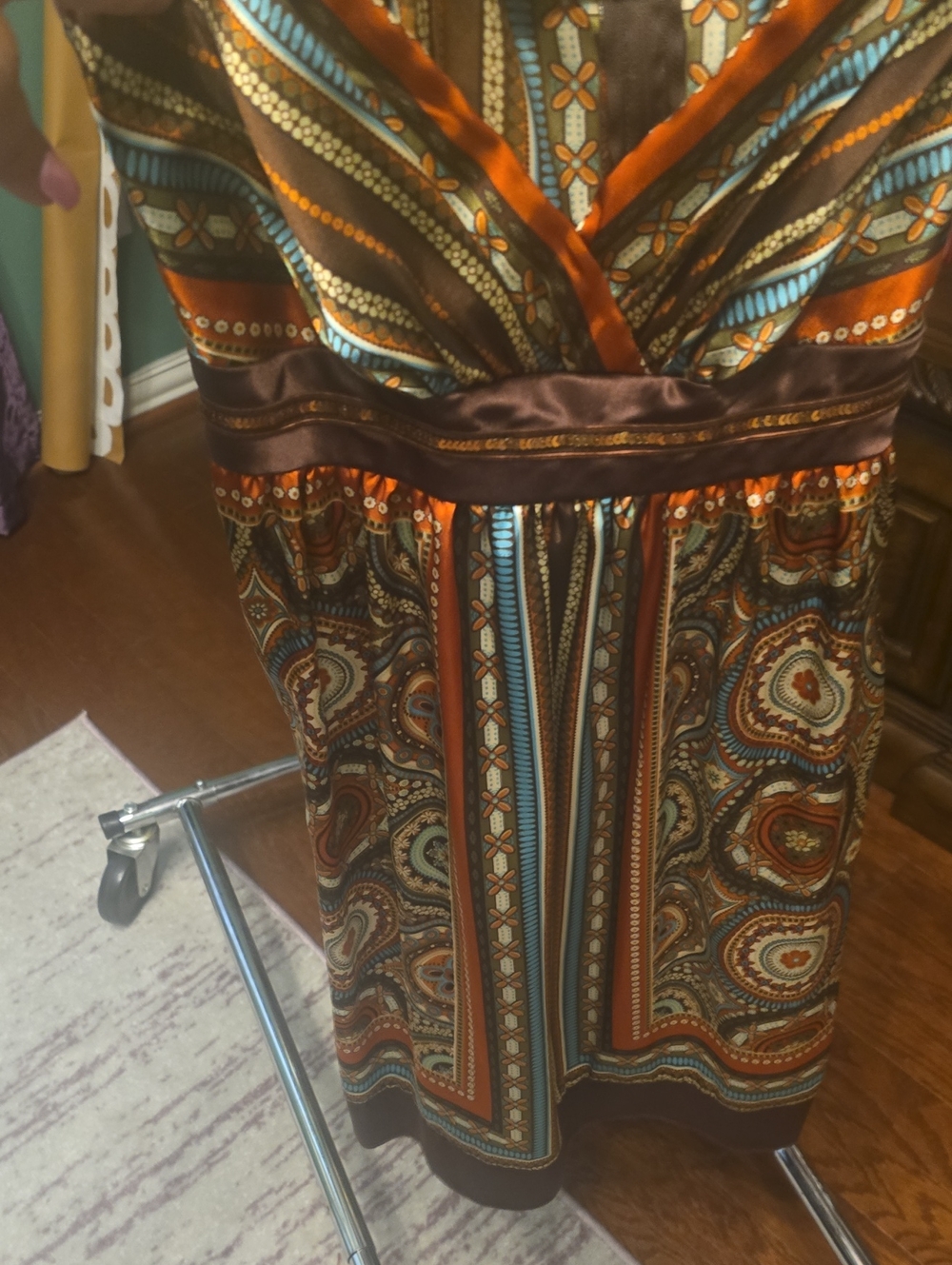 Juniors Boho Paisley V-Neck Midi Dress in Rust and Teal